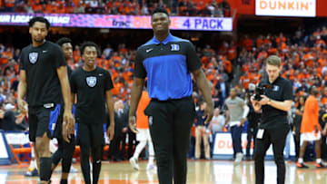 SYRACUSE, NY - FEBRUARY 23: Zion Williamson #1 of the Duke Blue Devils looks on prior to the game against the Syracuse Orange at the Carrier Dome on February 23, 2019 in Syracuse, New York. (Photo by Rich Barnes/Getty Images)