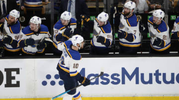 BOSTON, MASSACHUSETTS - MAY 27: Brayden Schenn #10 of the St. Louis Blues is congratulated by his teammates after scoring a first period goal against the Boston Bruins in Game One of the 2019 NHL Stanley Cup Final at TD Garden on May 27, 2019 in Boston, Massachusetts. (Photo by Patrick Smith/Getty Images)