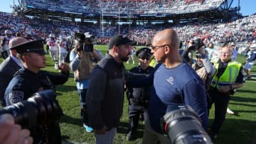 Oct 29, 2022; University Park, Pennsylvania, USA; Ohio State Buckeyes head coach Ryan Day shakes hands with Penn State Nittany Lions head coach James Franklin following the NCAA Division I football game at Beaver Stadium. Ohio State won 41-33. Mandatory Credit: Adam Cairns-The Columbus DispatchNcaa Football Ohio State Buckeyes At Penn State Nittany Lions