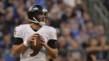 Aug 27, 2016; Baltimore, MD, USA; Baltimore Ravens quarterback Joe Flacco (5) drops back to pass during the first half against the Detroit Lions at M&T Bank Stadium. Mandatory Credit: Tommy Gilligan-USA TODAY Sports