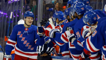 NEW YORK, NEW YORK - SEPTEMBER 26: Kaapo Kakko #24 of New York Rangers opens the scoring against the New York Islanders during a preseason game at Madison Square Garden on September 26, 2023 in New York City. (Photo by Bruce Bennett/Getty Images)