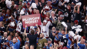 Jun 15, 2022; Denver, Colorado, USA; Colorado Avalanche fans during the third period of game one of the 2022 Stanley Cup Final against the Tampa Bay Lightning at Ball Arena. Lightning. Mandatory Credit: Isaiah J. Downing-USA TODAY Sports