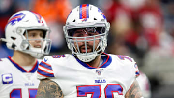 HOUSTON, TEXAS - JANUARY 04: Jon Feliciano #76 of the Buffalo Bills warms up before the AFC Wild Card Playoff game against the Houston Texans at NRG Stadium on January 04, 2020 in Houston, Texas. (Photo by Tim Warner/Getty Images)