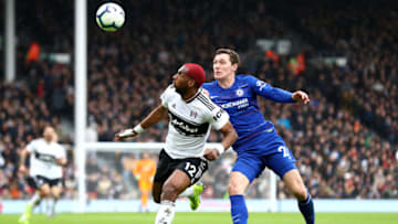 LONDON, ENGLAND - MARCH 03: Ryan Babel of Fulham and Andreas Christiansen of Chelsea clash during the Premier League match between Fulham FC and Chelsea FC at Craven Cottage on March 03, 2019 in London, United Kingdom. (Photo by Clive Rose/Getty Images)
