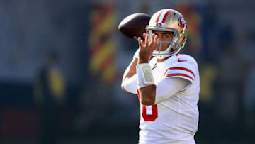 LOS ANGELES, CA - DECEMBER 31: Jimmy Garoppolo #10 of the San Francisco 49ers looks to pass during the first half of a game against the Los Angeles Rams at Los Angeles Memorial Coliseum on December 31, 2017 in Los Angeles, California. (Photo by Sean M. Haffey/Getty Images)