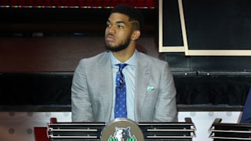 May 17, 2016; New York, NY, USA; Minnesota Timberwolves center Karl-Anthony Towns represents his team during the NBA draft lottery at New York Hilton Midtown. The Philadelphia 76ers received the first overall pick in the 2016 draft. Mandatory Credit: Brad Penner-USA TODAY Sports