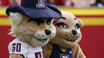 LOS ANGELES, CA - DECEMBER 5: Arizona Wildcats mascots Wilbur the Wildcat and Wilma The Wildcat pose during the game between the Arizona Wildcats and the USC Trojans on December 5, 2009 at the Los Angeles Coliseum in Los Angeles, California. Arizona won 21-17. (Photo by Jeff Golden/Getty Images)