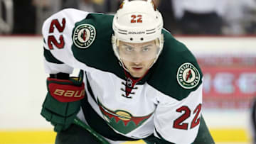 Nov 10, 2016; Pittsburgh, PA, USA; Minnesota Wild right wing Nino Niederreiter (22) at the face off circle against the Pittsburgh Penguins during the third period at the PPG Paints Arena. Minnesota won 4-2. Mandatory Credit: Charles LeClaire-USA TODAY Sports