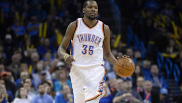 Feb 3, 2016; Oklahoma City, OK, USA; Oklahoma City Thunder forward Kevin Durant (35) brings the ball up the court against the Orlando Magic during the fourth quarter at Chesapeake Energy Arena. Mandatory Credit: Mark D. Smith-USA TODAY Sports