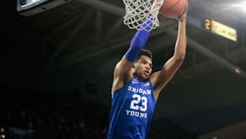 SPOKANE, WA - FEBRUARY 03: Yoeli Childs #23 of the BYU Cougars controls a rebound against the Gonzaga Bulldogs in the first half at McCarthey Athletic Center on February 3, 2018 in Spokane, Washington. (Photo by William Mancebo/Getty Images)