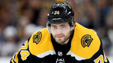BOSTON, MASSACHUSETTS - MAY 04: Jake DeBrusk #74 of the Boston Bruins looks on during the first period of Game Five of the Eastern Conference Second Round against the Columbus Blue Jackets in the 2019 NHL Stanley Cup Playoffs at TD Garden on May 04, 2019 in Boston, Massachusetts. (Photo by Maddie Meyer/Getty Images)