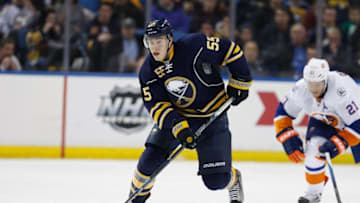 Dec 31, 2015; Buffalo, NY, USA; Buffalo Sabres defenseman Rasmus Ristolainen (55) against the New York Islanders at First Niagara Center. Mandatory Credit: Timothy T. Ludwig-USA TODAY Sports