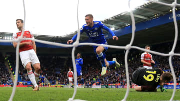 LEICESTER, ENGLAND - APRIL 28: Jamie Vardy of Leicester City celebrates as he scores his team's third goal past Bernd Leno of Arsenal during the Premier League match between Leicester City and Arsenal FC at The King Power Stadium on April 28, 2019 in Leicester, United Kingdom. (Photo by Marc Atkins/Getty Images)