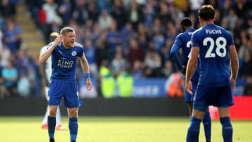 LEICESTER, ENGLAND - SEPTEMBER 09: Jamie Vardy of Leicester City reacts during the Premier League match between Leicester City and Chelsea at The King Power Stadium on September 9, 2017 in Leicester, England. (Photo by Clive Mason/Getty Images)