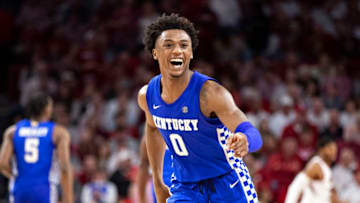 FAYETTEVILLE, AR - JANUARY 18: Ashton Hagans #0 of the Kentucky Wildcats laughs at points at the opposing bench during a game against the Arkansas Razorbacks at Bud Walton Arena on January 18, 2020 in Fayetteville, Arkansas. The Wildcats defeated the Razorbacks 73-66. (Photo by Wesley Hitt/Getty Images)