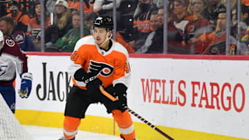 Dec 6, 2021; Philadelphia, Pennsylvania, USA; Philadelphia Flyers center Morgan Frost (48) against the Colorado Avalanche at Wells Fargo Center. Mandatory Credit: Eric Hartline-USA TODAY Sports