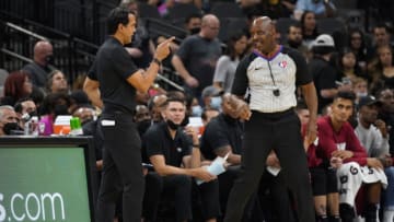 Miami Heat head coach Erik Spoelstra talks with referee Derek Richardson (63) in the third quarter of the game against the San Antonio Spurs(Scott Wachter-USA TODAY Sports)