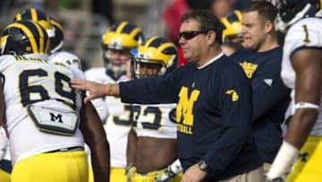 Nov 29, 2014; Columbus, OH, USA; Michigan Wolverines head coach Brady Hoke watches his team warm up before the game against the Ohio State Buckeyes at Ohio Stadium. Mandatory Credit: Greg Bartram-USA TODAY Sports