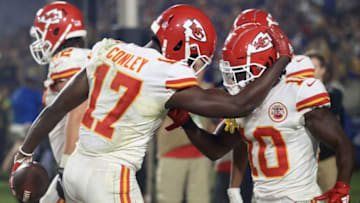 Chris Conley #17 of the Kansas City Chiefs celebrates his touchdown with teammate Tyreek Hill #10 (Photo by Sean M. Haffey/Getty Images)