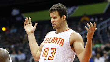 Mar 17, 2016; Atlanta, GA, USA; Atlanta Hawks forward Kris Humphries (43) reacts to a foul call against the Denver Nuggets in the first quarter at Philips Arena. Mandatory Credit: Brett Davis-USA TODAY Sports