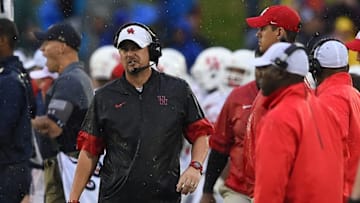 Oct 8, 2016; Annapolis, MD, USA; Houston Cougars head coach Tom Herman walks down the sideline during the second quarter against the Navy Midshipmen at Navy Marine Corps Memorial Stadium. Mandatory Credit: Tommy Gilligan-USA TODAY Sports