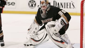 ANAHEIM, CA - NOVEMBER 29: Jean-Sebastien Giguere #35 of the Anaheim Ducks defends in the crease against the Phoenix Coyotes during the game on November 29, 2009 at Honda Center in Anaheim, California. (Photo by Debora Robinson/NHLI via Getty Images)