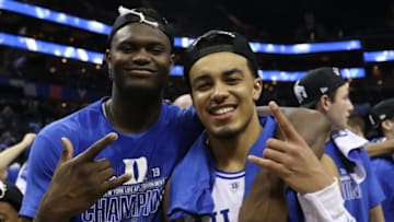 CHARLOTTE, NC - MARCH 16: Duke Blue Devils forward Zion Williamson (1) and Duke Blue Devils guard Tre Jones (3) at the end of the of the ACC Tournament championship game with the Duke Blue Devils versus the Florida State Seminoles on March 16, 2019, at the Spectrum Center in Charlotte, NC. (Photo by Jaylynn Nash/Icon Sportswire via Getty Images)
