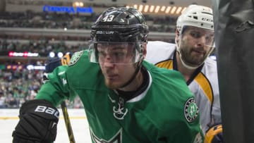 Mar 29, 2016; Dallas, TX, USA; Nashville Predators center Paul Gaustad (28) checks Dallas Stars right wing Valeri Nichushkin (43) during the third period at the American Airlines Center. The Stars defeat the Predators 5-2. Mandatory Credit: Jerome Miron-USA TODAY Sports