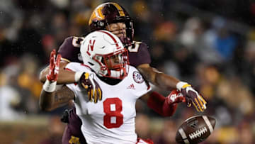 MINNEAPOLIS, MINNESOTA - OCTOBER 12: Benjamin St-Juste #25 of the Minnesota Gophers breaks up a pass intended for Jaron Woodyard #8 of the Nebraska Cornhuskers during the fourth quarter of the game at TCF Bank Stadium on October 12, 2019 in Minneapolis, Minnesota. St-Juste was called for pass interference on the play. The Gophers defeated the Cornhuskers 34-7. (Photo by Hannah Foslien/Getty Images)