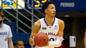 Dec 5, 2020; Lawrence, Kansas, USA; Kansas Jayhawks forward Jalen Wilson (10) looks to pass during the game against the North Dakota State Bison at Allen Fieldhouse. Mandatory Credit: Denny Medley-USA TODAY Sports