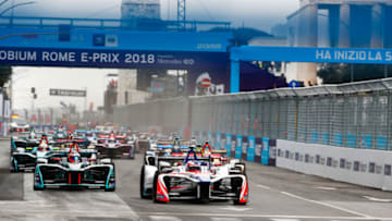 ROME, ITALY - APRIL 14: In this handout provided by FIA Formula E, Felix Rosenqvist (SWE), Mahindra Racing, Mahindra M4Electro, Sam Bird (GBR), DS Virgin Racing, DS Virgin DSV-03 and Mitch Evans (NZL), Panasonic Jaguar Racing, Jaguar I-Type II, lead the ePrix. during the Rome ePrix, Round 7 of the 2017/18 FIA Formula E Series at Circuito Cittadino Dell'EUR on April 14, 2018 in Rome, Italy. (Photo by Sam Bloxham/FIA Formula E via Getty Images)