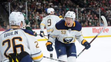 Nov 17, 2018; Saint Paul, MN, USA; Buffalo Sabres forward Jeff Skinner (53) celebrates a goal by defenseman Rasmus Dahlin (26) during the third period against the Minnesota Wild at Xcel Energy Center. Mandatory Credit: Marilyn Indahl-USA TODAY Sports