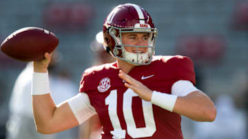 Nov 21, 2020; Tuscaloosa, Alabama, USA; Alabama quarterback Mac Jones (10) warms up before the Kentucky game at Bryant-Denny Stadium. Mandatory Credit: Mickey Welsh/The Montgomery Advertiser via USA TODAY Sports