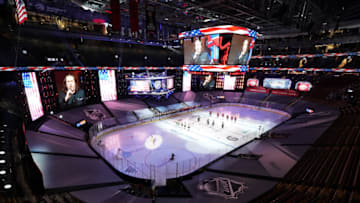 TORONTO, ONTARIO - AUGUST 05: Montreal Canadiens and Pittsburgh Penguins stand during the National Anthem in Game Three of the Eastern Conference Qualification Round prior to the 2020 NHL Stanley Cup Playoffs at Scotiabank Arena on August 05, 2020 in Toronto, Ontario. (Photo by Andre Ringuette/Freestyle Photo/Getty Images)