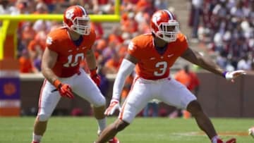 Sep 6, 2014; Clemson, SC, USA; Clemson Tigers defensive end Vic Beasley (3) during the first half against the South Carolina State Bulldogs at Clemson Memorial Stadium. Mandatory Credit: Joshua S. Kelly-USA TODAY Sports