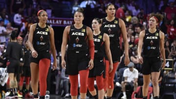 LAS VEGAS, NV - AUGUST 31: A'ja Wilson #22, Kayla McBride #21, Kelsey Plum #10, Liz Cambage #8, and Dearica Hamby #5 of the Las Vegas Aces are seen walking on the court against the Los Angeles Sparks on August 31, 2019 at the Mandalay Bay Events Center in Las Vegas, Nevada. NOTE TO USER: User expressly acknowledges and agrees that, by downloading and or using this photograph, User is consenting to the terms and conditions of the Getty Images License Agreement. Mandatory Copyright Notice: Copyright 2019 NBAE (Photo by David Becker/NBAE via Getty Images)
