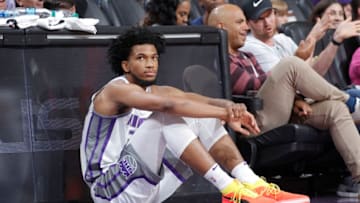 SACRAMENTO, CA - OCTOBER 8: Marvin Bagley III #35 of the Sacramento Kings waits to check into the game against Maccabi Haifa on October 8, 2018 at Golden 1 Center in Sacramento, California. NOTE TO USER: User expressly acknowledges and agrees that, by downloading and or using this photograph, User is consenting to the terms and conditions of the Getty Images Agreement. Mandatory Copyright Notice: Copyright 2018 NBAE (Photo by Rocky Widner/NBAE via Getty Images)