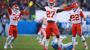 MEXICO CITY, MEXICO - NOVEMBER 18: Defensive back Rashad Fenton #27 of the Kansas City Chiefs intercepts a pass intended for wide receiver Andre Patton #16 of the Los Angeles Chargers in the fourth quarter of the game at Estadio Azteca on November 18, 2019 in Mexico City, Mexico. (Photo by Manuel Velasquez/Getty Images)