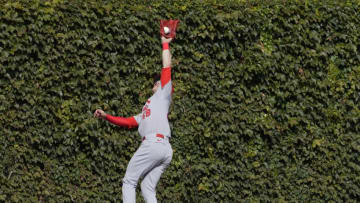 Sep 26, 2021; Chicago, Illinois, USA; St. Louis Cardinals center fielder Harrison Bader (48) makes a catch on Chicago Cubs third baseman Matt Duffy (not pictured) during the sixth inning at Wrigley Field. Mandatory Credit: David Banks-USA TODAY Sports
