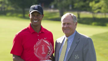 DUBLIN, OH - JUNE 3: Tiger Woods poses with tournament host Jack Nicklaus and the tournament trophy after winning the Memorial Tournament presented by Nationwide Insurance at Muirfield Village Golf Club on June 3, 2012 in Dublin, Ohio. (Photo by Chris Condon/PGA TOUR)