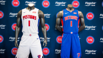 DETROIT, MI - JULY 26: The Detroit Pistons introduce two new uniforms by Nike on July 26, 2017 at the Nike Store in Detroit, Michigan. NOTE TO USER: User expressly acknowledges and agrees that, by downloading and or using this photograph, User is consenting to the terms and conditions of the Getty Images License Agreement. Mandatory Copyright Notice: Copyright 2017 NBAE (Photo by Chris Schwegler/NBAE via Getty Images)