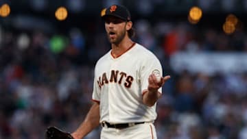 SAN FRANCISCO, CA - AUGUST 13: Madison Bumgarner #40 of the San Francisco Giants reacts after time out was called before a pitch by umpire Doug Eddings (not pictured) during the fifth inning against the Oakland Athletics at Oracle Park on August 13, 2019 in San Francisco, California. The San Francisco Giants defeated the Oakland Athletics 3-2. (Photo by Jason O. Watson/Getty Images)