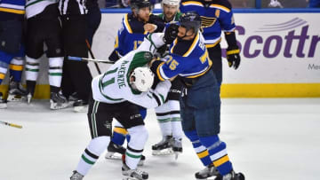 May 3, 2016; St. Louis, MO, USA; St. Louis Blues right wing Ryan Reaves (75) fights with Dallas Stars left wing Curtis McKenzie (11) during the third period in game three of the second round of the 2016 Stanley Cup Playoffs at Scottrade Center. The St. Louis Blues defeat the Dallas Stars 6-1. Mandatory Credit: Jasen Vinlove-USA TODAY Sports