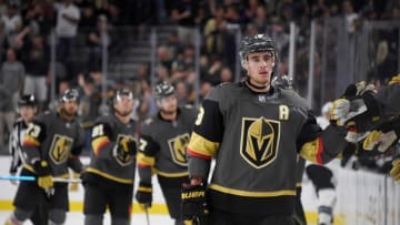 LAS VEGAS, NEVADA - SEPTEMBER 29: Reilly Smith #19 of the Vegas Golden Knights celebrates with teammates on the bench after scoring a third-period power-play goal against the San Jose Sharks during their preseason game at T-Mobile Arena at T-Mobile Arena on September 29, 2019 in Las Vegas, Nevada. The Golden Knights defeated the Sharks 5-1. (Photo by Ethan Miller/Getty Images)