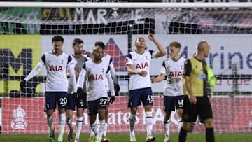 CROSBY, ENGLAND - JANUARY 10: Carlos Vinicius of Tottenham Hotspur celebrates with teammates after scoring their team's second goal during the FA Cup Third Round match between Marine and Tottenham Hotspur at Rossett Park on January 10, 2021 in Crosby, England. (Photo by Martin Rickett - Pool/Getty Images)