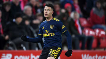 LIVERPOOL, ENGLAND - OCTOBER 30: Gabriel Martinelli of Arsenal celebrates after scoring his team's second goal during the Carabao Cup Round of 16 match between Liverpool and Arsenal at Anfield on October 30, 2019 in Liverpool, England. (Photo by Laurence Griffiths/Getty Images)