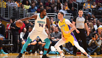 LOS ANGELES, CA - JANUARY 5: Michael Kidd-Gilchrist #14 of the Charlotte Hornets handles the ball against Lonzo Ball #2 of the Los Angeles Lakers on January 5, 2018 at STAPLES Center in Los Angeles, California. NOTE TO USER: User expressly acknowledges and agrees that, by downloading and/or using this Photograph, user is consenting to the terms and conditions of the Getty Images License Agreement. Mandatory Copyright Notice: Copyright 2018 NBAE (Photo by Andrew D. Bernstein/NBAE via Getty Images)