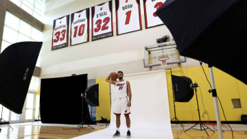 Max Strus #31 of the Miami Heat poses for a portrait during media day at FTX Arena(Photo by Megan Briggs/Getty Images)