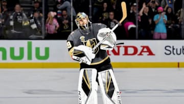 LAS VEGAS, NV - APRIL 11: Marc-Andre Fleury #29 of the Vegas Golden Knights acknowledges fans after being named the first star of the game following the team's 1-0 victory over the Los Angeles Kings in Game One of the Western Conference First Round during the 2018 NHL Stanley Cup Playoffs at T-Mobile Arena on April 11, 2018 in Las Vegas, Nevada. (Photo by Jeff Bottari/NHLI via Getty Images)