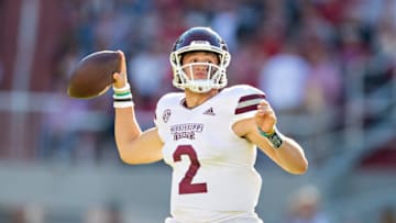 FAYETTEVILLE, ARKANSAS - NOVEMBER 06: Will Rogers #2 of the Mississippi State Bulldogs throws a pass in the first half of a game against the Arkansas Razorbacks at Donald W. Reynolds Razorback Stadium on November 06, 2021 in Fayetteville, Arkansas. (Photo by Wesley Hitt/Getty Images)